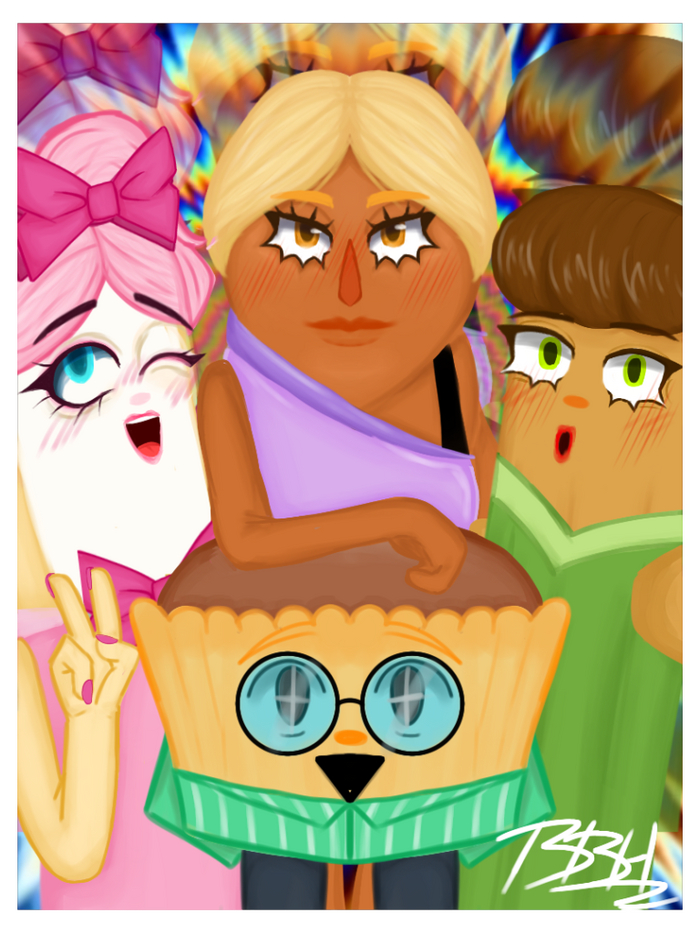 Это мой арт по 2 театральному выпуску bread barbershop:Birth of bread star. На них изображены 3 Супер модели(Эклер, плетенка и Читос.) а спереди скорее всего их начальник или непонятный школьник... Тоже хз.