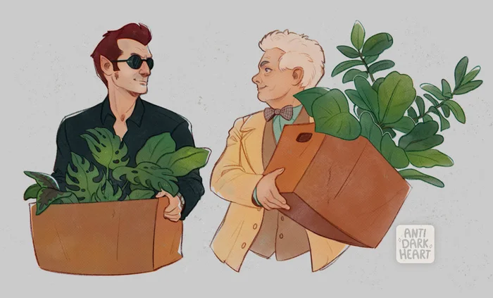 Plant lovers - Excerpt from a book, Azirapel, Crowley, Good signs, Art, Angel, Demon, Houseplants