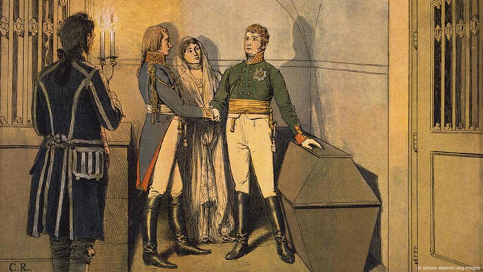 Историческая встреча Фридриха Вильгельма III и Александра I в Потсдаме в 1805 году. На встрече также присутствовала прусская королева Луиза. Рисунок Карла Рёхлинга (1855-1920)© picture-alliance/akg-images