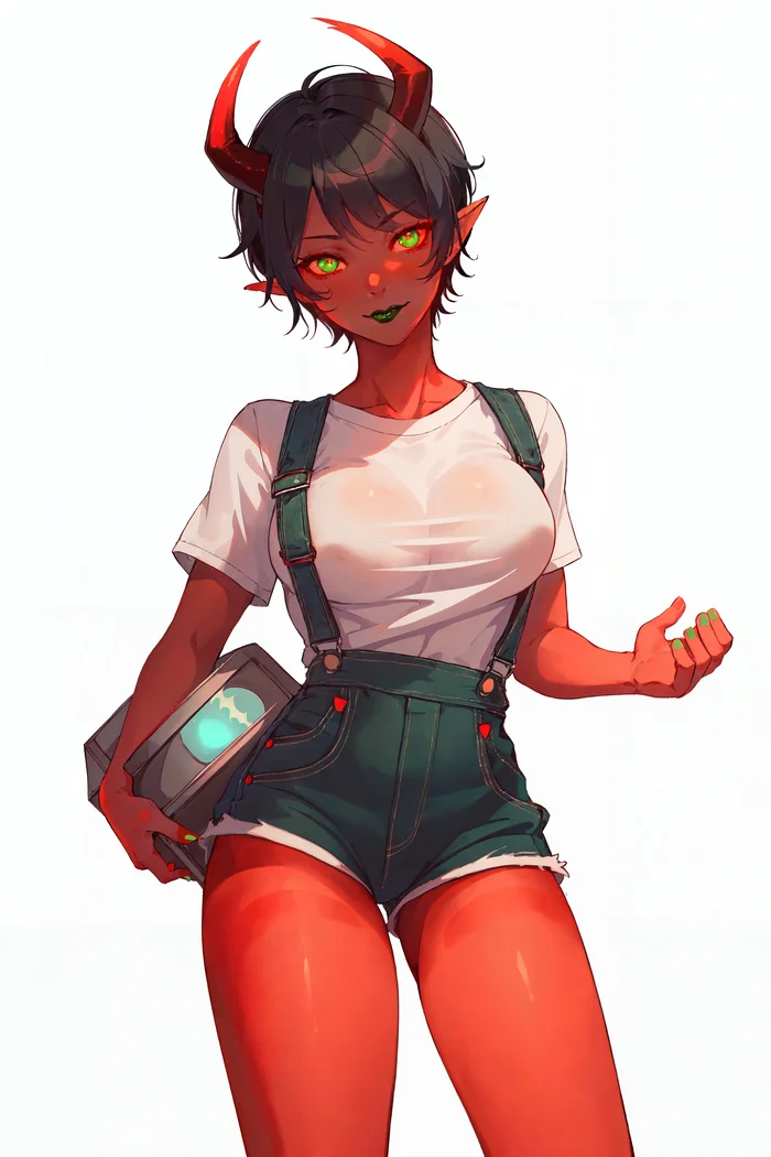 Did you call a repairman? - My, Neural network art, Stable diffusion, Girls, Anime art, Portrait, T-shirt, Overalls, Shorts, Demoness, Succubus, Girl with Horns, Green eyes, Original character, Brunette