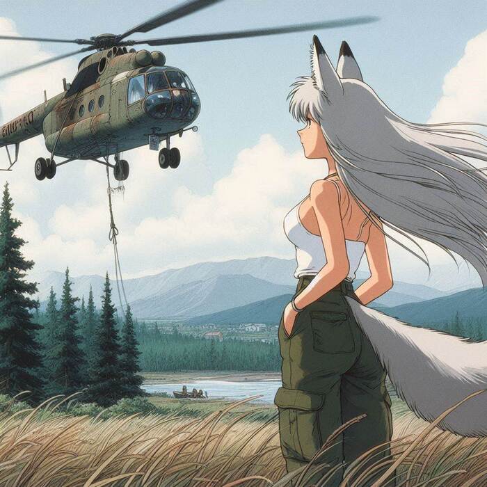 Helga and the gifts - My, Neural network art, Anime art, Art, Girls, Нейронные сети, Anime, Original character, Kitsune, Wolf, Animal ears, Tail, Helicopter, Forest, Ginger & White, Longpost