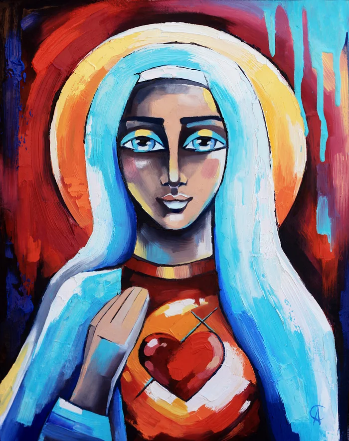 Immaculate Heart of the Virgin Mary - My, Virgin, Virgin, Oil painting, Creation, Decorative arts, Strange Art, Modern Art, Art, Author's painting, Drawing with a process, Painting, Needlework with process, I'm an artist - that's how I see it, Self-taught artist, Spirituality, Decor, Icon, Longpost