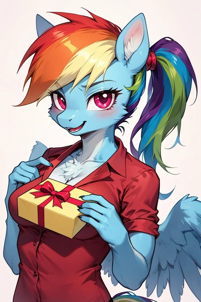 Today is my birthday :3 - My, My little pony, Twilight sparkle, Rainbow dash, Trixie, Rarity, Fluttershy, Anthro, Birthday, Neural network art, Presents, Longpost