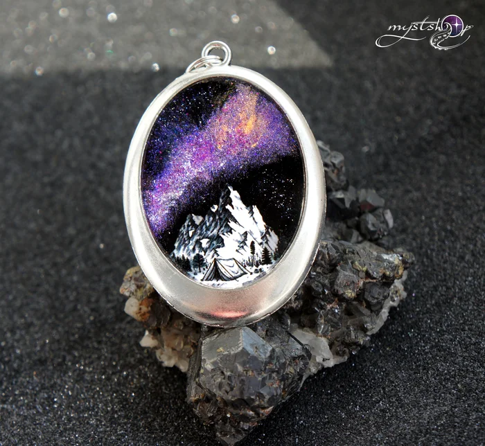 Pendant Mountains and space - My, Needlework without process, Epoxy resin, Space, Milky Way, Galaxy, The mountains, Starry sky, Longpost