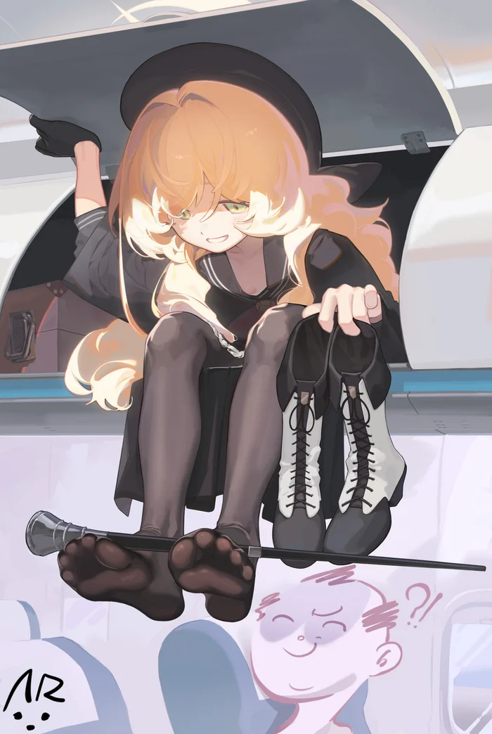 Hand luggage - Anime, Anime art, Blue archive, Foot fetish, Tights, Boots, Airplane, Baggage