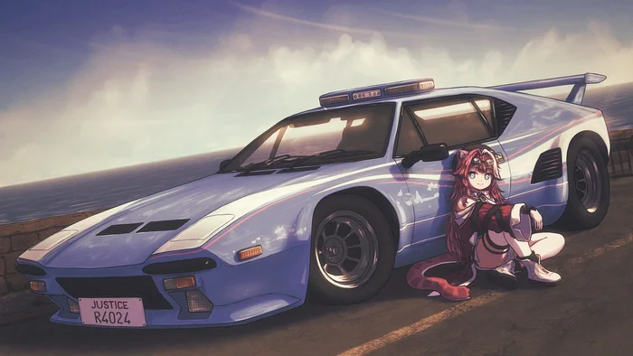 Raora Panthera & De Tomaso Pantera - Аниме, Anime Art, Virtual YouTuber, Raora Panthera, Hololive, Animal Ears, De Tomaso, Авто