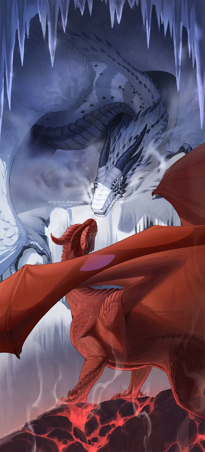 Fiery guest - Art, The Dragon, Snow, Ice, Fire, Lava, Guests, Meeting, Wyvern, Digital drawing, Arukanoda, Longpost