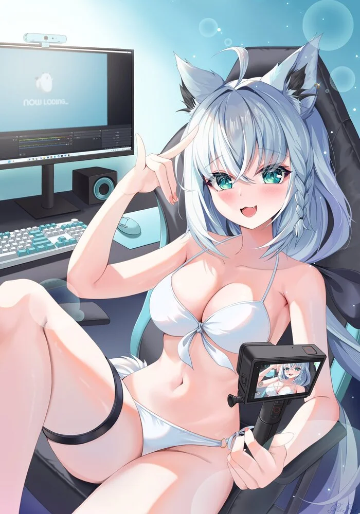 Preparing for the broadcast - Anime art, Anime, Girls, Hololive, Shirakami fubuki, Virtual youtuber, Swimsuit, Bikini, Camera, Стрим, Tail, Animal ears