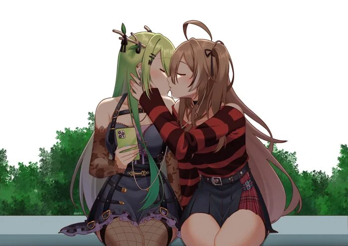 Fauna & Mumei - Anime art, Anime, Friend, Yuri, Hololive, Virtual youtuber, Ceres fauna, Nanashi Mumei, Kiss