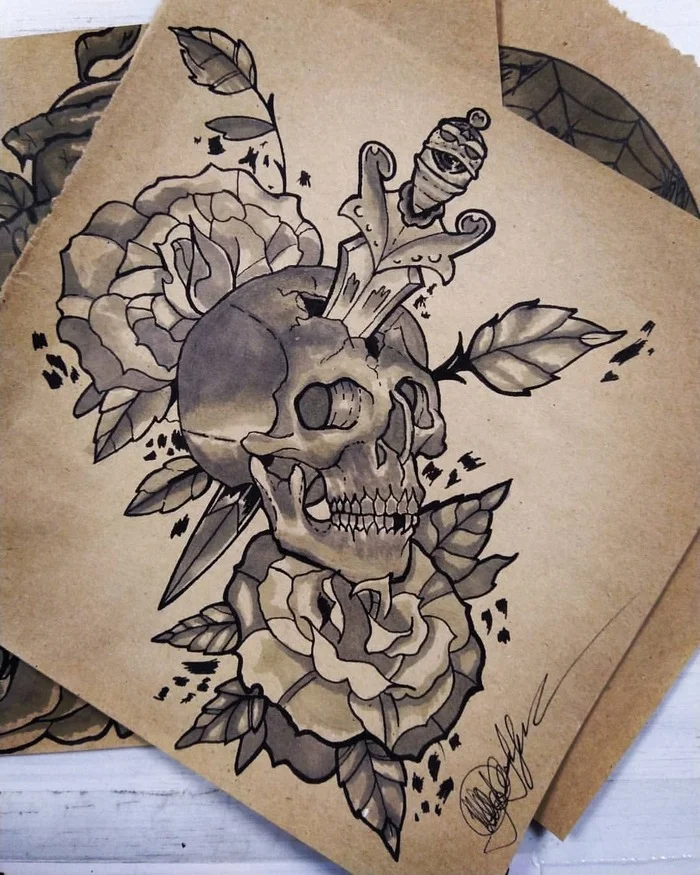 A little unusual style, but I like it - My, Tattoo, Scull, Tattoo sketch, Images, Art, Art, Sketch, Sketchbook, Painting, Longpost