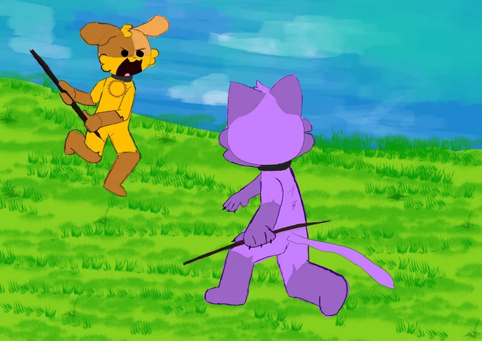 The Greatest Stick Fight Ever - My, Furry, Furry cat, Furry dog, Digital drawing