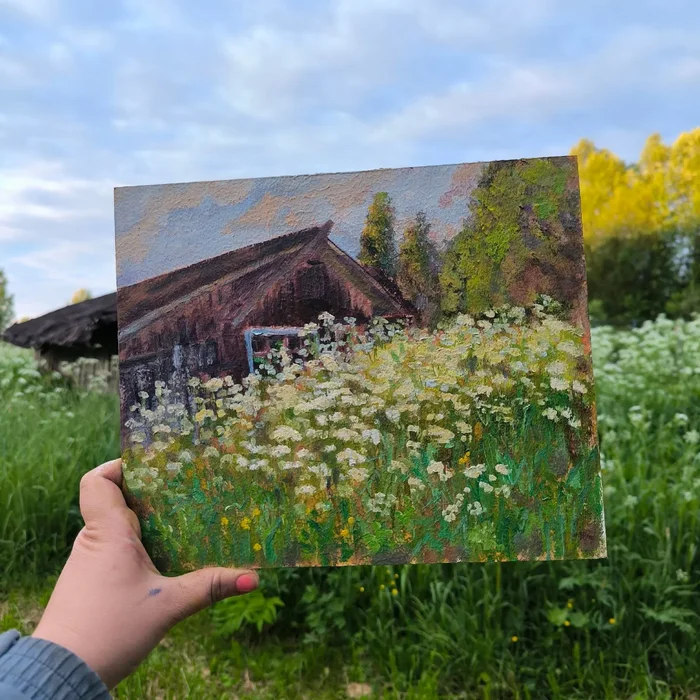 С пленэром не затягивай - Моё, Пленэр, Юмор, Трава у дома, Деревня, Тверская область, Картина маслом, Картина, Длиннопост