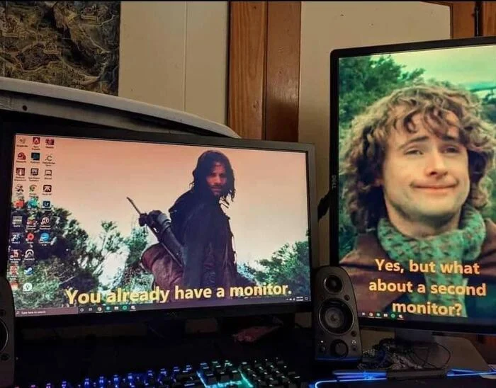 - You already have a monitor. - Yes, but what about the second monitor? - Lord of the Rings, Aragorn, Peregrin Took, Монитор, Tolkien, Screen adaptation