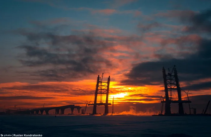 Archival footage of the construction of the cable-stayed bridge of the Western High-Speed ??Diameter (WHSD) across the Korabelny fairway - My, The photo, Nikon, Evening, Town, Zsd, Cable-stayed bridge, Building, archive, Sunset, Bridge