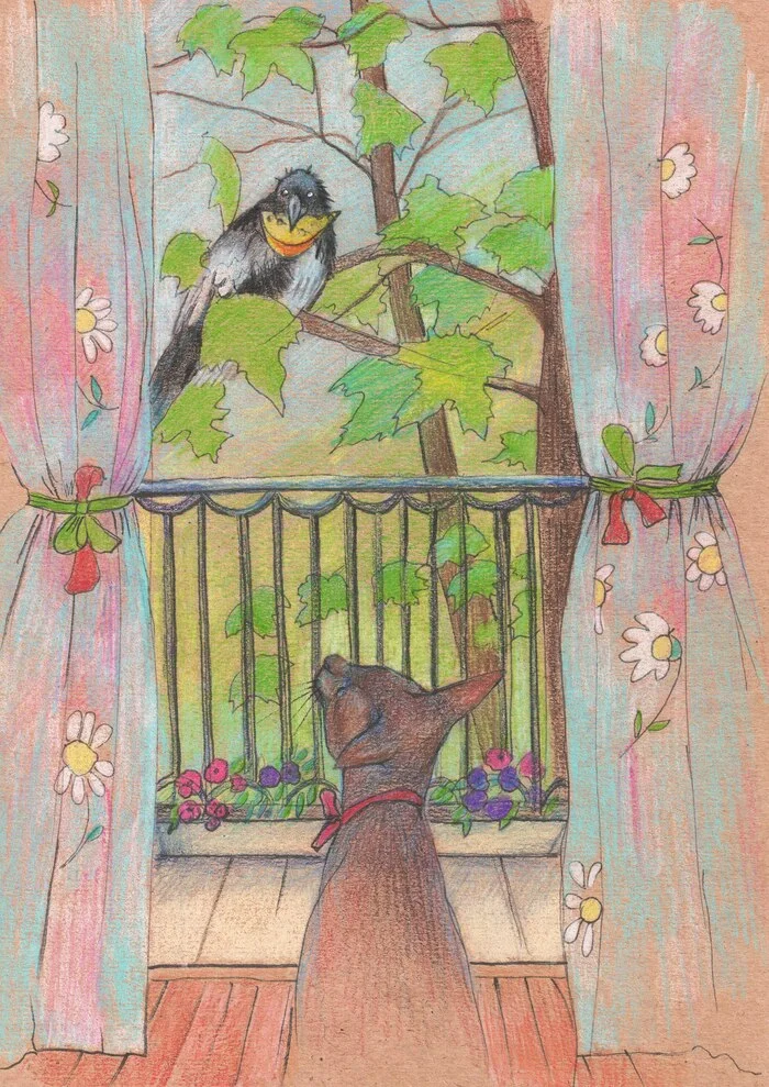 Behind the window - My, Luboff00, Colour pencils, Graphics, Liner, Traditional art, Crow, Cheese, Oriental cats, Animalistics, Pencil drawing