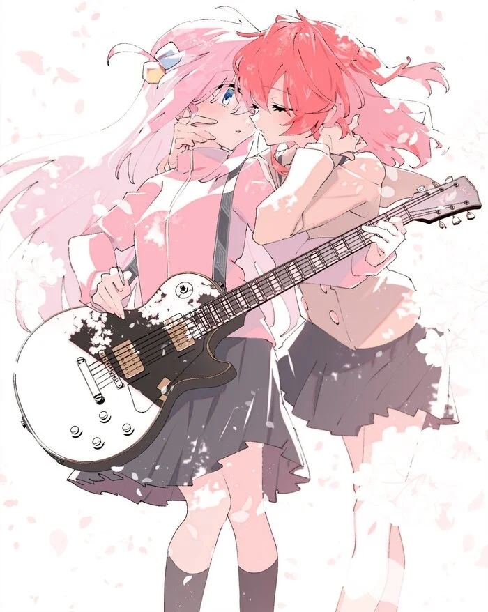 Hitori & Kita - Anime art, Anime, Friend, Yuri, Bocchi the Rock!, Gotou Hitori, Kita Ikuyo, Kiss, Electric guitar, Twitter (link)