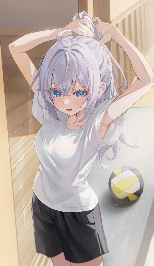 Alisa Mikhailovna #004 - Anime, Anime art, Alisa Mikhailovna Kujou, Tokidoki Bosotto Russia-go de Dereru Tonari no Aly, Girls, Ball, Shorts, T-shirt, Long hair, Sweat