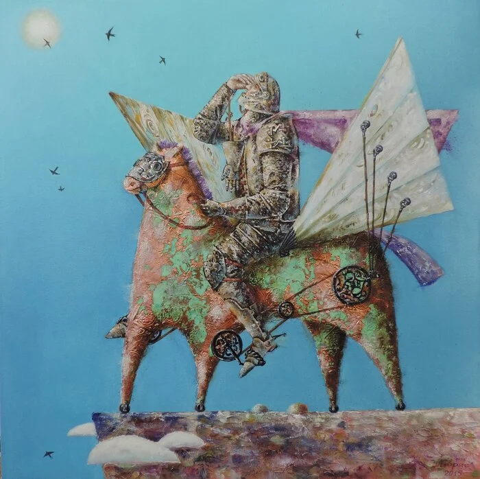 Medieval Icarus - My, Modern Art, Art, Art, Fantasy, Painting, Silver, Canvas, Author's painting, Surrealism, Knights, Oil painting, Icarus, Painting, Armor, Horses, Armor, Helmet, Steampunk, Birds