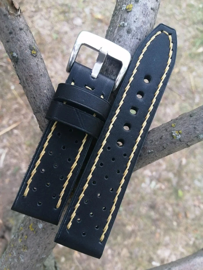 Perforated Watch Strap. Watch Strap 24mm - My, Watch strap, Strap, Accessories, Leather products, Perforation, Hand seam, Male, Leather, Natural leather, Voronezh, Buckle, Longpost, Needlework without process