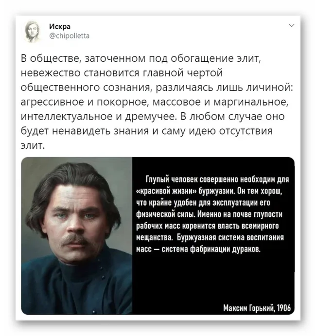 Глупость и мещанство - Искра (Twitter), Цитаты, Общество, Максим Горький, Скриншот