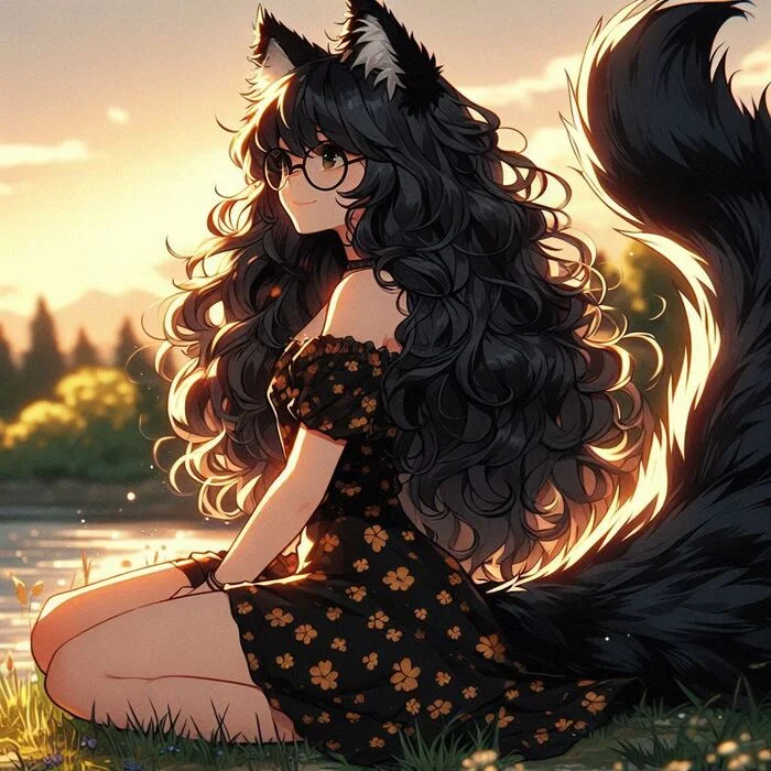 Sarah and the Weekend Evening - My, Art, Neural network art, Нейронные сети, Girls, Anime art, Anime, Original character, Kitsune, Animal ears, Tail, Swimsuit, The dress, Sunset, Nature, Relaxation, Ginger & White, Longpost