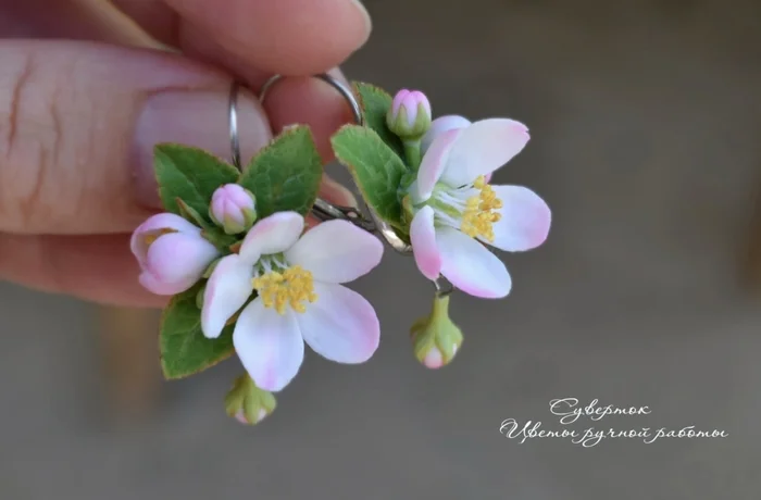 Apple blossoms from baked polymer clay and a short video - the sculpting process - My, Polymer clay, Лепка, Handmade, Needlework with process, Earrings, Flowers, Video, Video VK, Longpost