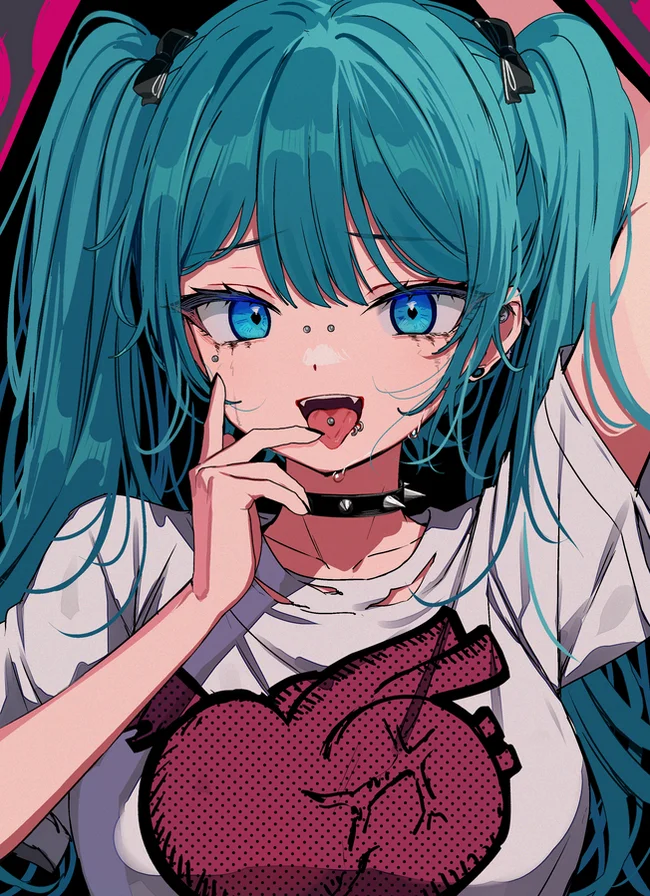 Hatsune Miku #111 - Anime, Anime art, Hatsune Miku, Girls, Long hair, Vocaloid, T-shirt, Choker, Piercing