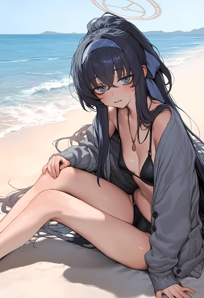 Introverted Misanthrope Dragged to the Beach - Anime art, Anime, Girls, Games, Blue archive, Ui Kozeki, Swimsuit, Bikini, Beach, Sea, Neural network art, Yuribun (nzxt_cam)