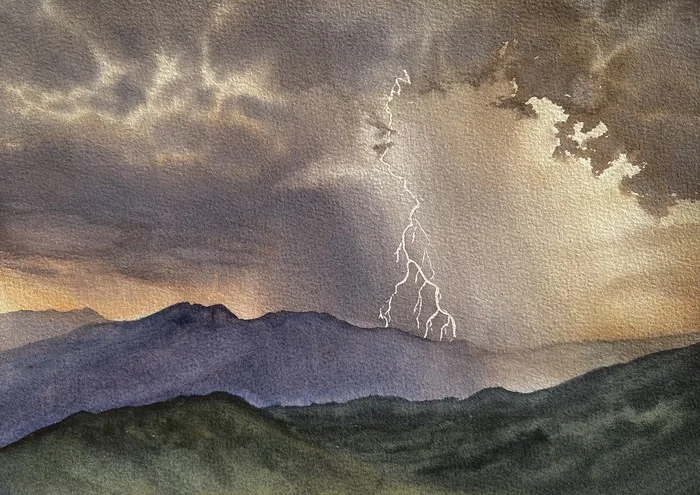 Dramatic light - My, Watercolor, Etude, Lightning, Landscape, Atmosphere, The mountains, Sky, Thunderstorm, Clouds