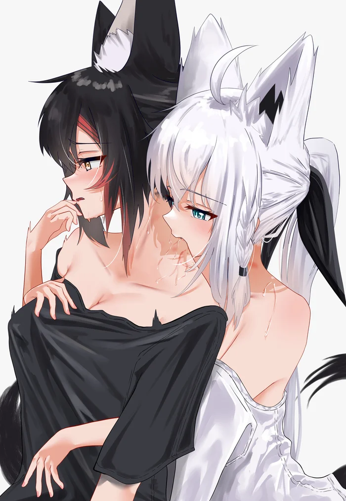 Кусь - Anime Art, Аниме, Hololive, Virtual YouTuber, Shirakami Fubuki, Ookami Mio, Animal Ears, Подруга, Yuri