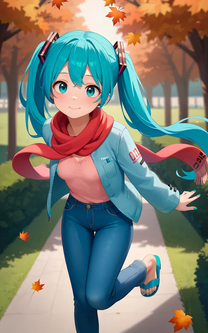 Friday Miku #4: Fall is Coming! - My, Neural network art, Stable diffusion, Girls, Anime art, Portrait, Hatsune Miku, Blue eyes, Scarf, Jeans, Jacket, Autumn, End of summer, Colorful hair, Walk, The park, Smile, Milota, Maple