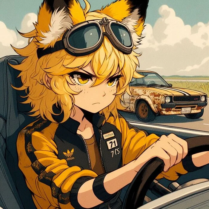 Roberta and the 99th race - My, Art, Neural network art, Нейронные сети, Girls, Anime art, Anime, Original character, Kitsune, Animal ears, Tail, Race, Crash, Ginger & White, Longpost