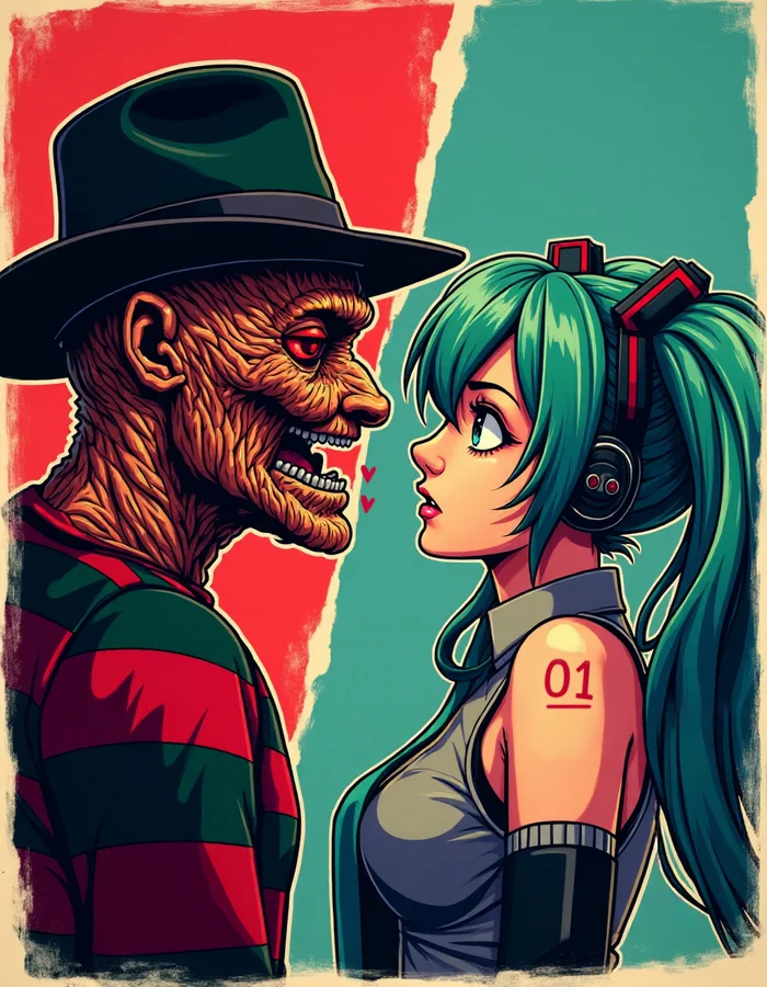 Freddy vs Hatsune Miku - Моё, Арт, Девушки, Hatsune Miku, Кошмар на улице вязов, Фредди Крюгер, Vocaloid, Арты нейросетей, Аниме, Anime Art, Постер, Ужасы, 90-е, Синие волосы, Шляпа