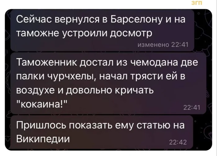 Это он ещё про эчпочмаки не в курсе - Скриншот, Картинка с текстом, Барселона (город), Таможня, Кокаин, Чурчхела