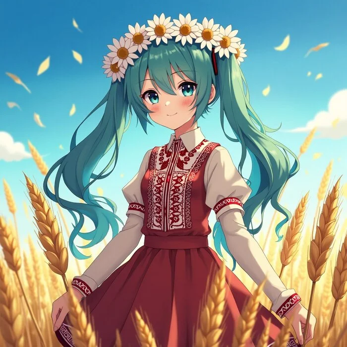 Reply to the post A Bit of Slavic Flavor - My, Hatsune Miku, Art, Anime, Embroidery, Slavs, Vocaloid, Wheat, Portrait, Sky, Wreath, Chamomile, Neural network art, Flux, The dress, People's, Reply to post