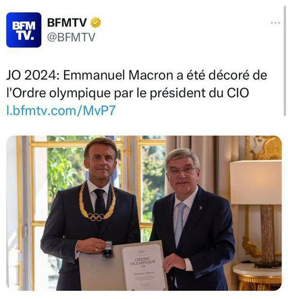 Macron receives IOC award for organizing Olympic Games... - Politics, France, Olympic Games, Paris, Emmanuel Macron, Mock, Rewarding, The order, Thomas Bach, Humor