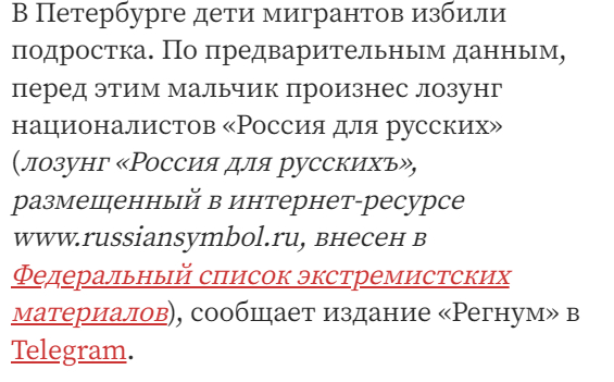 В Петербурге дети мигрантов избили подростка за лозунг «Россия для русских» - Мигранты, Преступление, Нападение, Санкт-Петербург, Избиение, Подростки, Криминал, Текст, Негатив