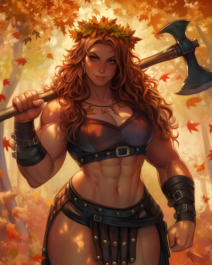 Autumn Barbara - My, Neural network art, Midjourney, Pinanoc, Girls, Barbarian, Barbarian, Barbara, Strong girl, Autumn, Dungeons & dragons