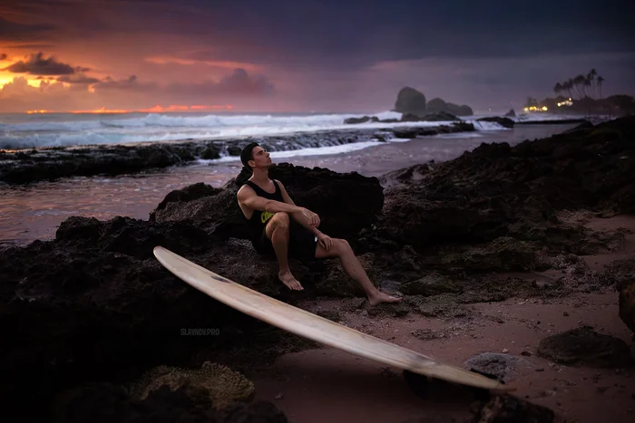 Self-portrait - My, Sky, The photo, Sunrises and sunsets, Sea, Surfing, Surfboard, Self-portrait, Sunset, Evening, Beautiful view, Clouds, Men