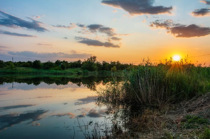 Pond in Ryginskaya ravine... - My, The photo, Nikon, Nature, Landscape, Sunset, Pond, Beam, Beautiful view, Birds, Clouds, Reflection