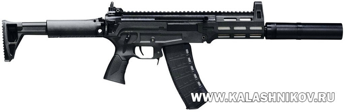 5,45-мм малогабаритный автомат АМ-17, доработанный по результатам Государственных испытаний. На выставке «Армия 2024» образец (на фото) демонстрировался с прибором малошумной стрельбы