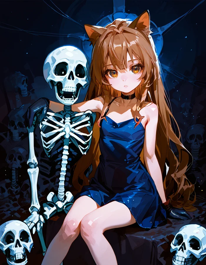 Taiga and her new friend - My, Neural network art, Art, Girls, Anime art, Anime, Toradora, Aisaka taiga, Choker, Neko, Skeleton, Night, Scull, Gloves, The dress, Ears on the crown, Brown hair, Long hair