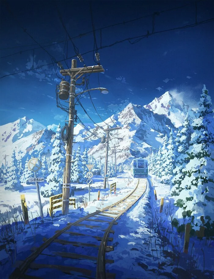 Winter - Art, Drawing, A train, Winter, The mountains, Instagram (link)