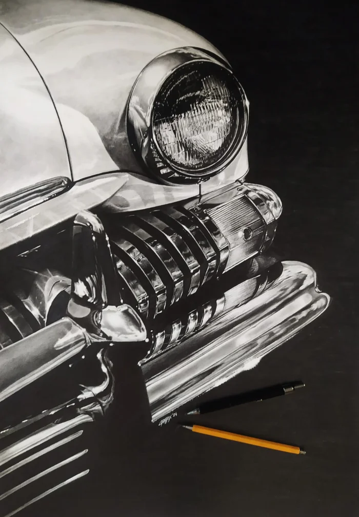 1951 Mercury Eight, pencil drawing - My, Pencil drawing, Portrait by photo, Drawing, American auto industry, Mercury, 1951