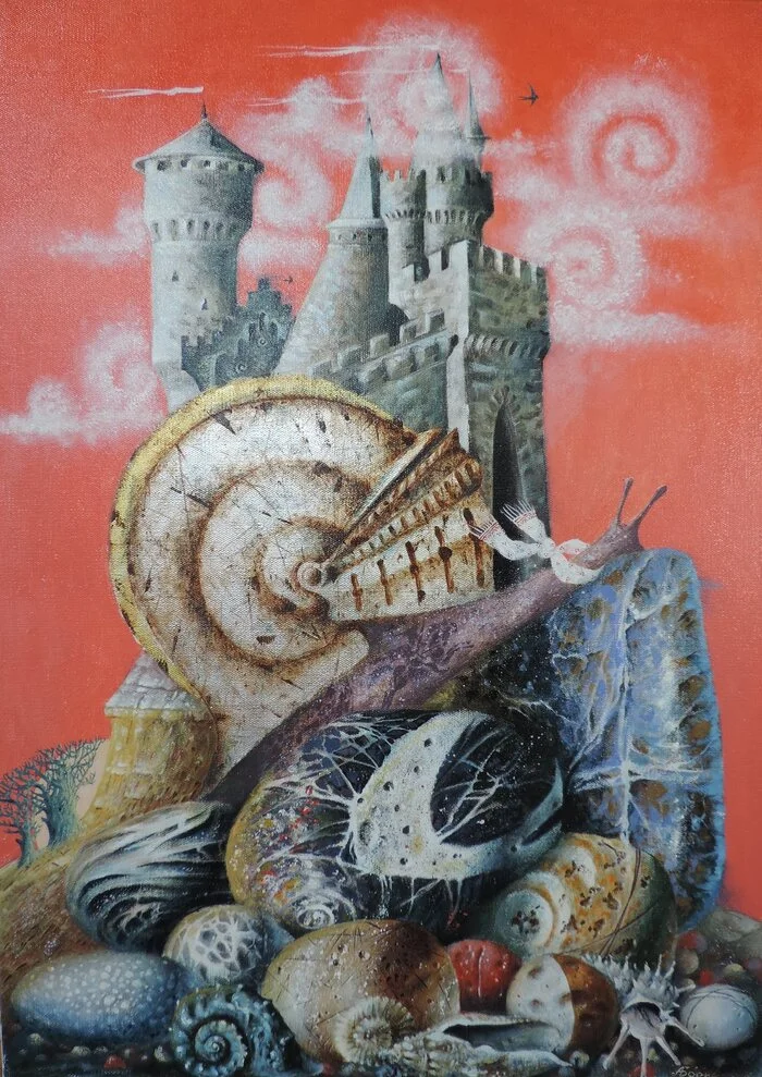 Snail Knight - My, Modern Art, Art, Art, Fantasy, Painting, Snail, Silver, Author's painting, Canvas, Knights, Surrealism, Tempera, Helmet, Lock, Seashells