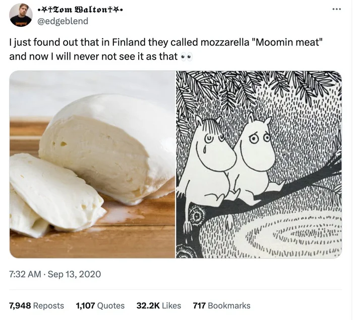 Is it true that in Finland mozzarella is called Moomin meat? - My, Moomin Trolls, Moomin troll, Mozzarella, Cheese, Illustrations, Images, Books, Characters (edit), Literature, Facts, Finland, Twitter, Проверка, Research, Informative, Story, Longpost, Repeat, X (Twitter)