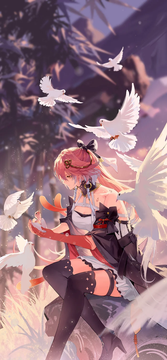 Changli - Anime, Anime art, Changli (Wuthering Waves), Wuthering Waves, Pigeon, Chick, Girls, Zettai ryouiki, Longpost