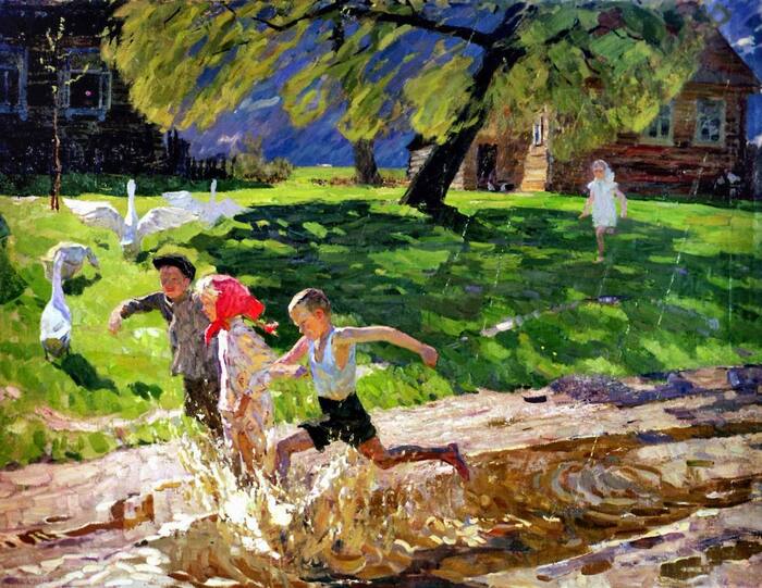 Valentin Mikhailovich Sidorov, The storm has passed, 1959 - Art, Painting, Painting, Childhood in the USSR, 1959, Made in USSR, Children, Village