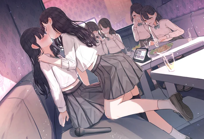 A game where you kiss for a few seconds - Yuri, Anime art, Anime, Original character, Kiss, Karaoke