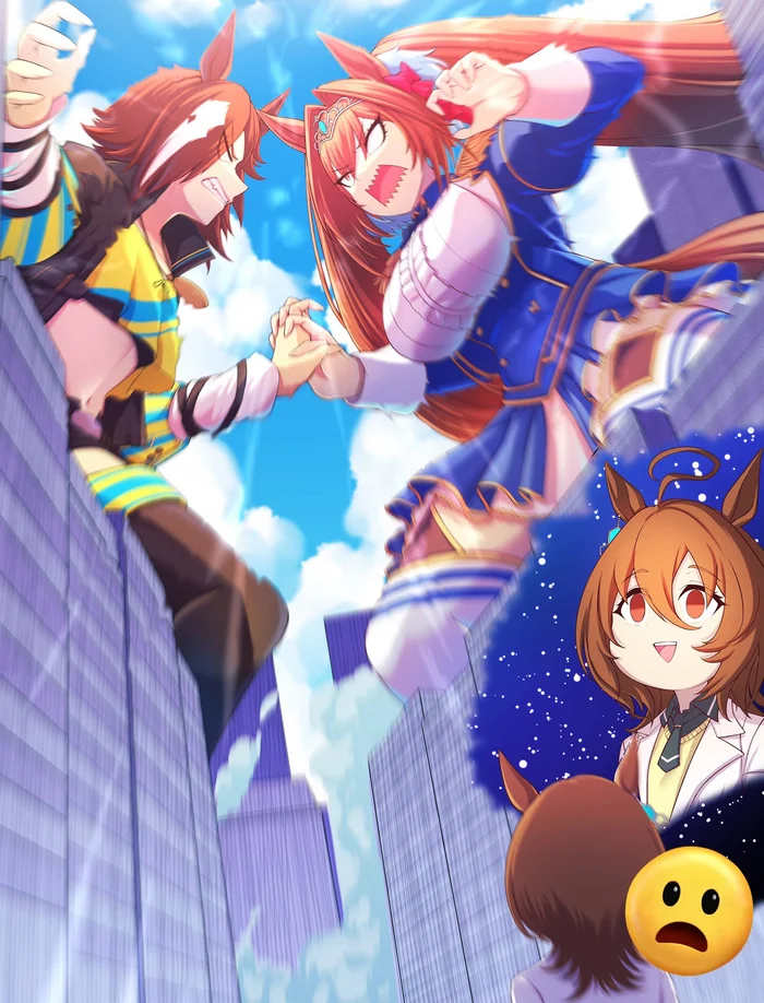 Clash of the Titans - Giantess, Town, Anime art, Uma musume pretty derby, Daiwa Scarlet, Agnes Tachyon